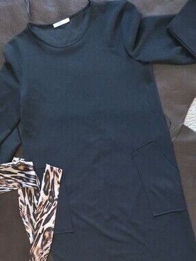Zara Black Long-Sleeve Pocket Dress with Leopard Scarf Accent
